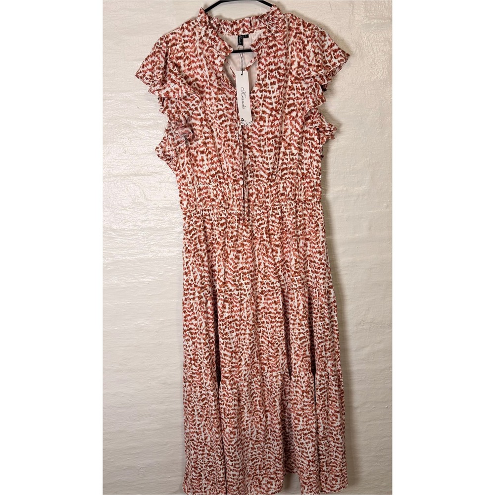 NWT Xirena Ruffle Midi Dress Rust Brown Animal Print Tiered Sleeveless Large L